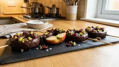 レンジで溶かして絡めるだけ。りんごのチョコスティック（ピスタチオ＆クランベリー、岩塩仕上げ）