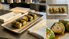 板麩でここまで満足感：にらの板麩巻き、とろり生姜あんを絡めて